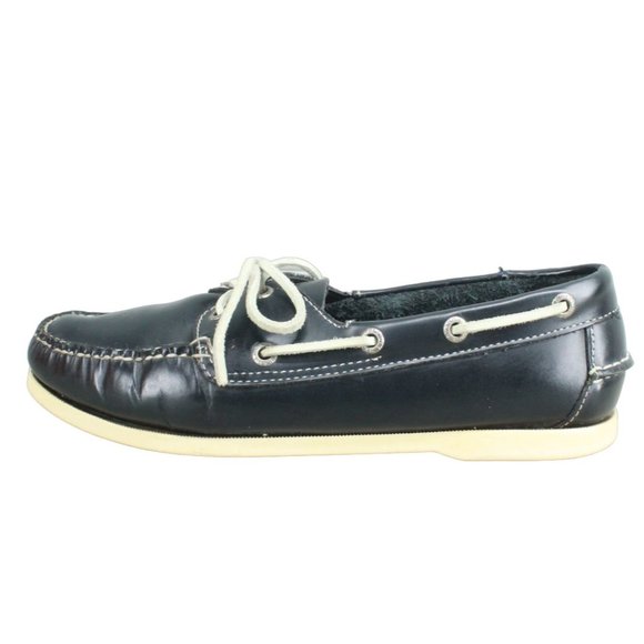 LL Bean Navy Blue Leather Slip On Loafer Moc Toe Laces Boat Shoe 9.5 W - Picture 1 of 9